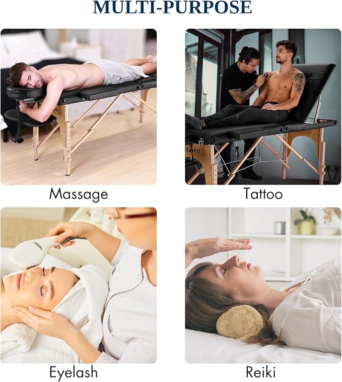 Portable Massage Table Massage Bed Professional SPA Reiki Eyelash Salon Bed, Wooden Frame Height Adjustment Accessories, Black (3-Section)