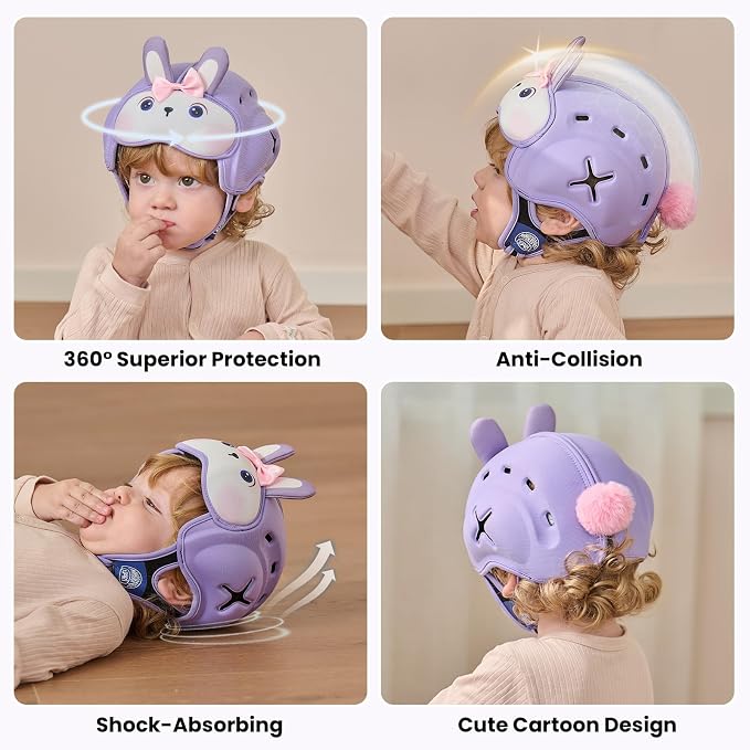 Baby Head Protector Baby Helmet for Crawling and Walking - No Bumps and Soft Safety Peak - Ultra Light and Adjustable Baby Head Protector Suitable for Babies 6-24 Months-Violet Bunny