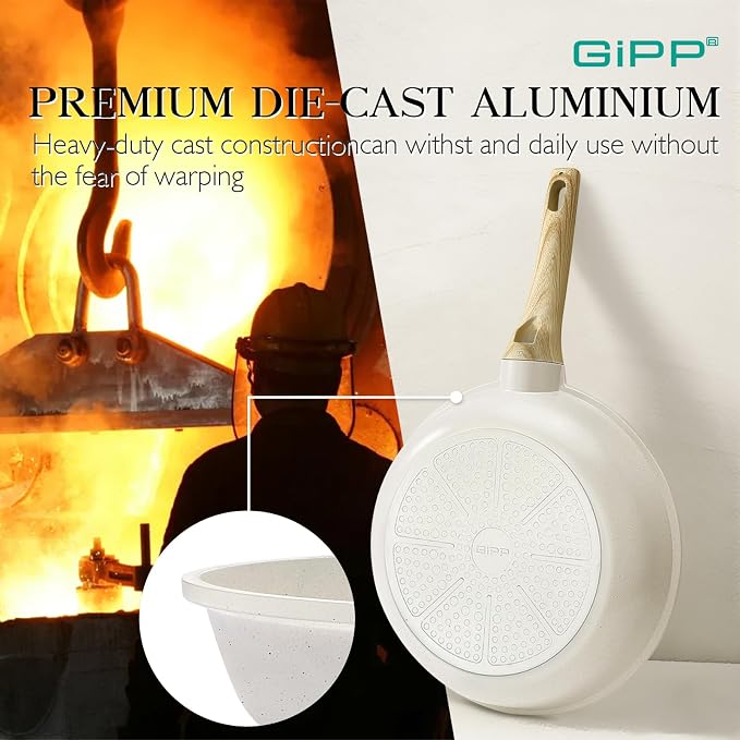 GiPP Non Stick Frying Pan Set - 9.5" 10.2" 11" Granite Nonstick Pan Skillet, Non Toxic Pans for Cooking, Omelette Pans with Stay Cool Handle, Induction Compatible, PFAS/PTFE/PFOA Free, White