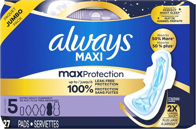 Always Maxi Overnight Feminine Pads with Wings for Women, Size 5, Extra Heavy Overnight Absorbency, Unscented, Up to 100% Leak-Free Protection, 27 Count