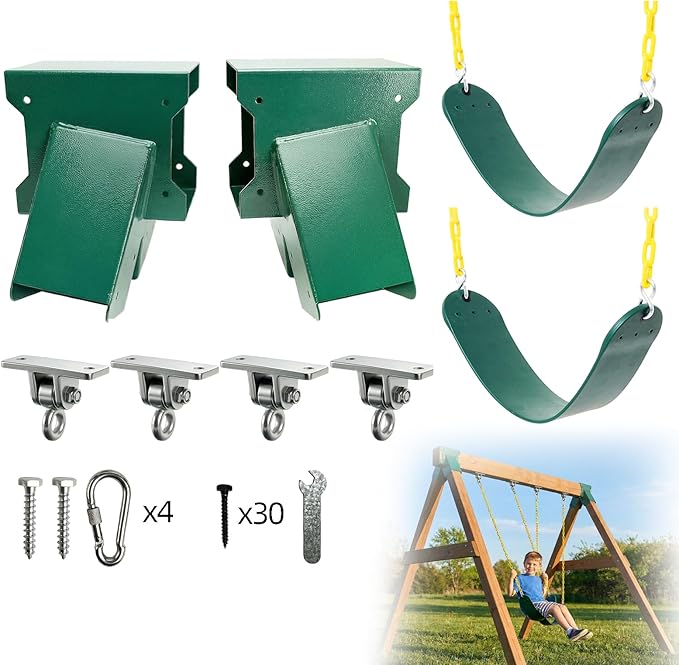 Swing Sets Brackets Heavy Duty - 2 A-Frame End Swing Brackets 2 Swing Seats and 4 Swing Hangers with Mounting Hardware, Backyard Playground Porch Swing Set Kit Fits 4x4 Legs & 4x6 Beam