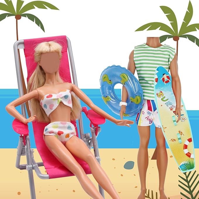 42Pcs Doll Clothes and Swimming Accessories for 12 inch Boy and Girl Dolls Includes Bikini Swim Suit Swim Trunks Skateboard Lifebuoys Chair Diving Swimming Sets for 12 inch Doll Beach Style