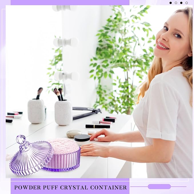 Tioncy 2 Pcs Extra Large Dusting Powder Puff and Container for Women-6'' Glass Crystal Dusting Powder Container with Body Soft Washable Reusable Velour Face(Purple,Classic)