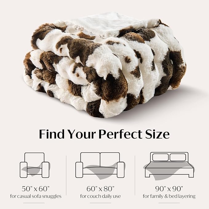 DOWNCOOL Faux Fur Throw Blanket for Couch, Ultra Soft Fluffy Fuzzy Plush Bubble Blanket for Sofa Bedroom Living Room, Cozy Warm Luxury Fleece Minky Blanket, 50x60 Inches Cow Print-Brown
