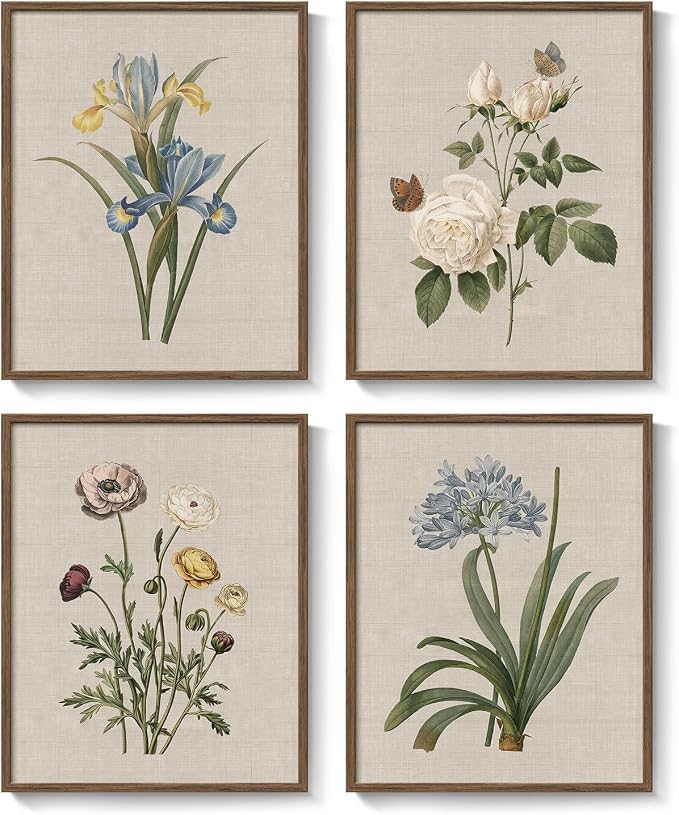 Framed Vintage Floral Botanical Wall Art for Bathroom, 4 Piece 8x10 In | Farmhouse wall decor, Flower pictures, Rustic retro paintings, Ready to hang canvas prints, Kitchen bedroom home decor