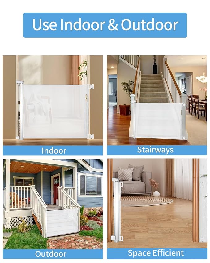 Veraste (2 Pack) Retractable Baby Gate for Doorways and Stairs, Mesh Safety Gate for Pet, Indoor & Outdoor Use, One-Hand Operation, Easy Installation, 33.6" Tall, Expands to 55" Wide(White,33.6"x55"