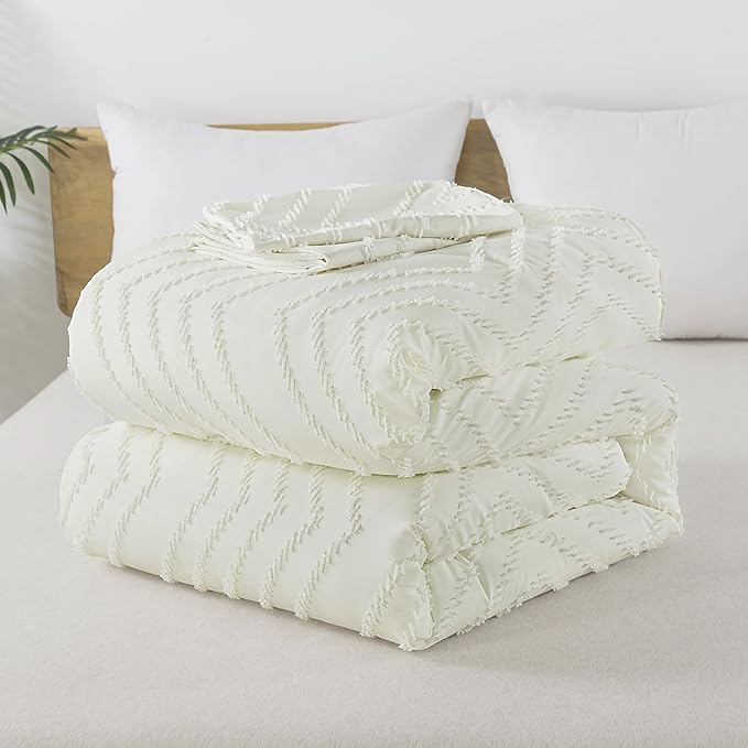 Andency Ivory Oversized Super King Comforter Set, Boho Soft Warm Tufted Neutral Bedding Comforter Sets, 3 Pieces Aesthetic Chevron Farmhouse Cute Bohemian Textured Bedding Set