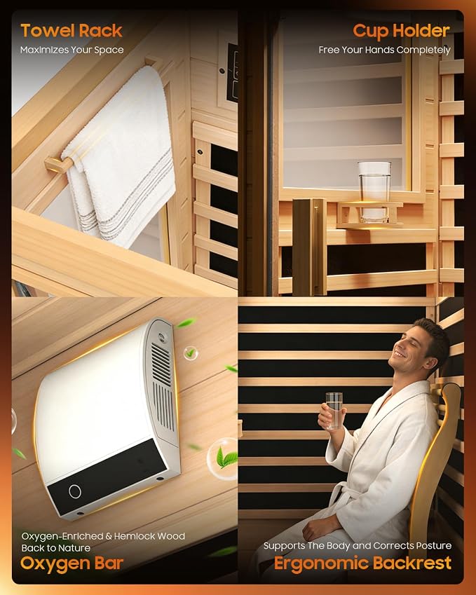 Sauna Infrared Sauna, Hemlock 1 Person Dry Sauna with Backrest, 1062W Fast Heating Low EMF Sauna with 5 Carbon Heaters, Sauna Infrared with Bluetooth & Integrated Speakers (Wood)