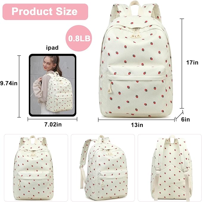 Bluboon Teen Girls School Backpack Kids Bookbag Set with Lunch Box Pencil Case Travel Laptop Backpack Casual Daypacks (Strawberry beige base)