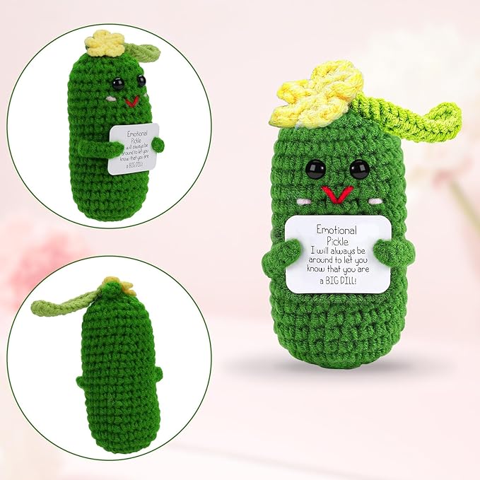 Hoedia Crochet Pickle Dolls Friend Birthday Valentines Gifts for Her Women Wife Girlfriend Sister from Husband Men, Cute Funny Gifts for Coworkers Student Teacher Roommates (Pickle with Green Leaf)