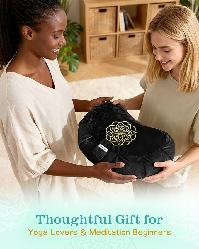 Hihealer Premium Crescent Meditation Cushion, Ergonomic Buckwheat Hull Floor Pillow for Adults, Comfortable Yoga Bolster for Meditation & Floor Sitting (Black)