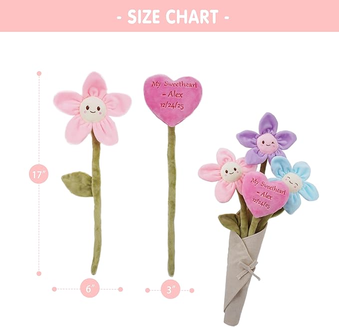 June Garden 17" Plush Flower Bouquet with Customizable Heart – 3 Soft Plush Flowers with Bendable Stems – Personalized Embroidered Gift for Valentine’s Day, Anniversary, Birthday, or Home Décor
