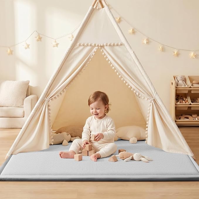 Baby Play Mat for Floor Nursery Rug Muscle Area Rug Playroom Rug 50x50" Elastic Foam 1.3" Thick Crawling Mat for Babies,Toddlers, Infants,Kids(Plaid Light Grey)
