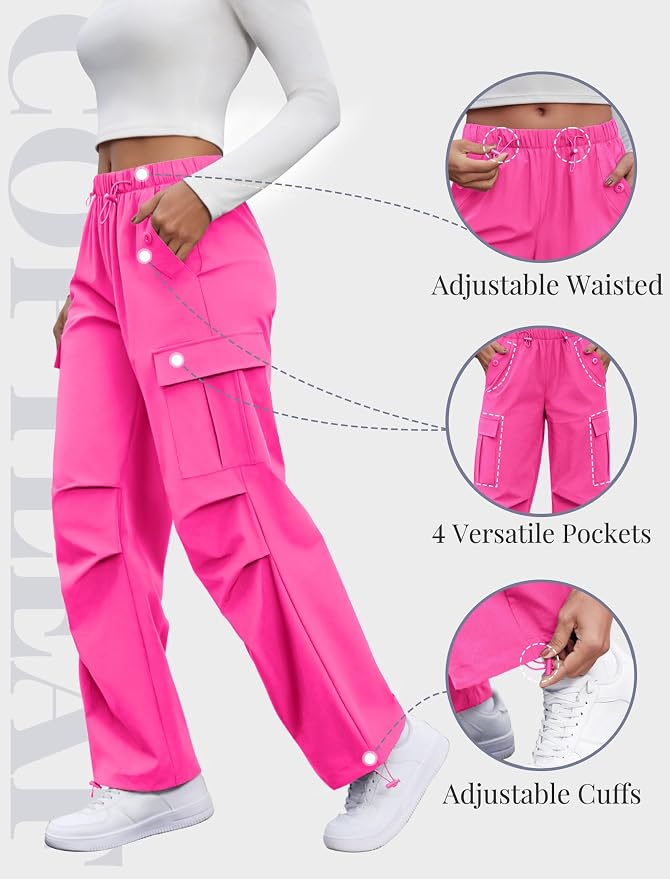 COPYLEAF Cargo Pants Women Elastic Waisted Parachute Hiking Pants with Pockets Water-Resistant Lightweight Baggy Pants