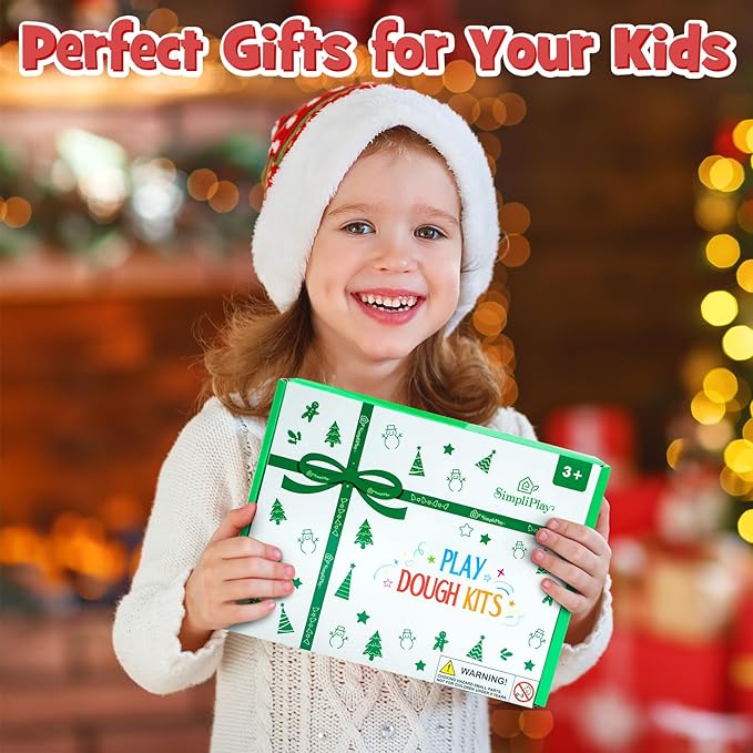 SIMPLIPLAY Christmas Sensory Dough Kit with 6 PCS 18oz Glitter Doughs & Accessories(280+pcs), DIY Christmas Crafts Kids, Stocking Stuffers for Kids, Build a Snowman Kit with Ornaments Creative Gift