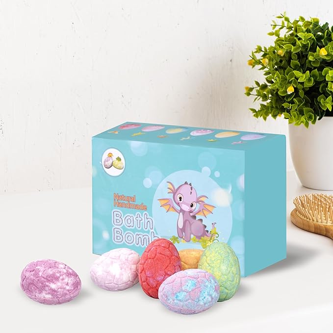 Dino Egg Bath Bombs(4.23oz) for Kids with Surprise Dinosaur Toy – 6 Pack Organic & Natural Bath Fizz, Relaxing Spa Set, Birthday & Christmas Gift for Boys & Girls