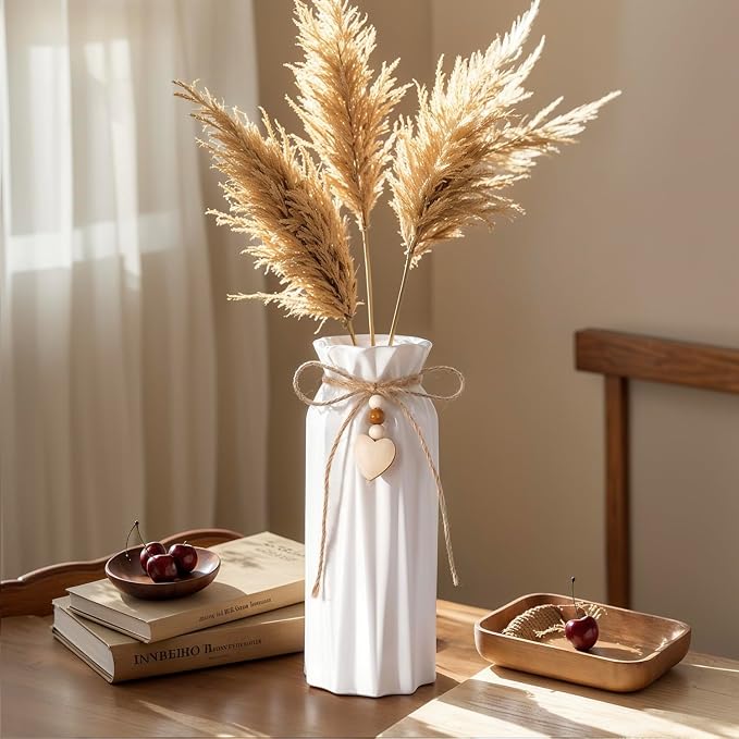 Elegant 8 Inch Ceramic Vase with Geometric Pattern, Decorative Vase with Jute Rope & Heart Charm for Home Décor, Table Centerpieces, and Gifts, Ideal for Living Room, Bedroom, and Office