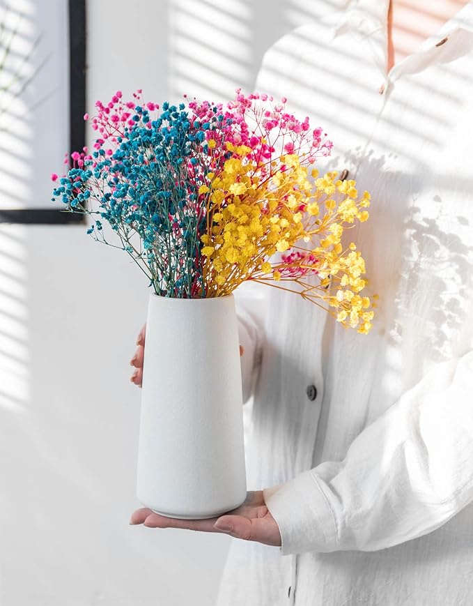 Simple Boho Ceramic Flower Vase for Home Decor (Bright White,Big) | 8'' Modern Farmhouse Vase for Flower Plant Pampas Grass, Fit for Table Shelf Centerpieces, Living Room Bedroom Wedding Gift