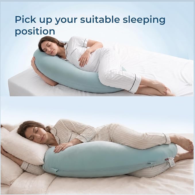 Momcozy Pregnancy Pillows with Cooling Cover, J Shaped Maternity Body Pillow for Pregnancy, Breathable & Stretchy Cooling Fabric, Full Body Support for Head, Neck, Belly, HIPS, Mist Blue