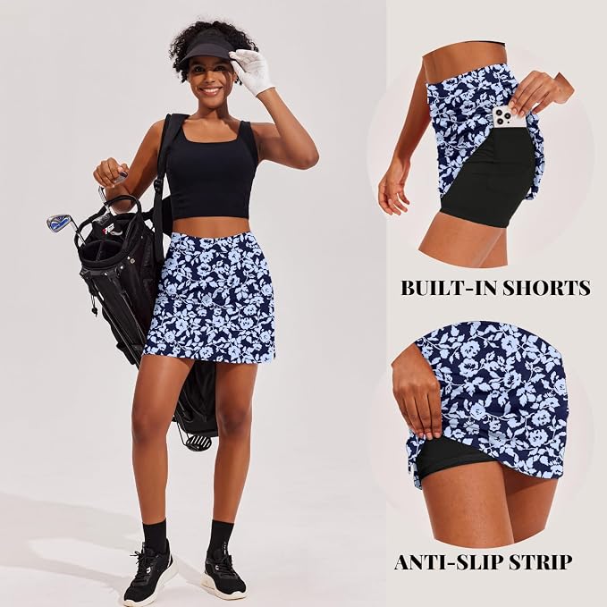 Ekouaer 16" Skorts for Women with Pockets Golf Pickleball Tennis Skirt | Silicone Grippers,2 Inner Pockets,Wide Waist,Side Slit Hem,Breathable,Soft,Lightweight