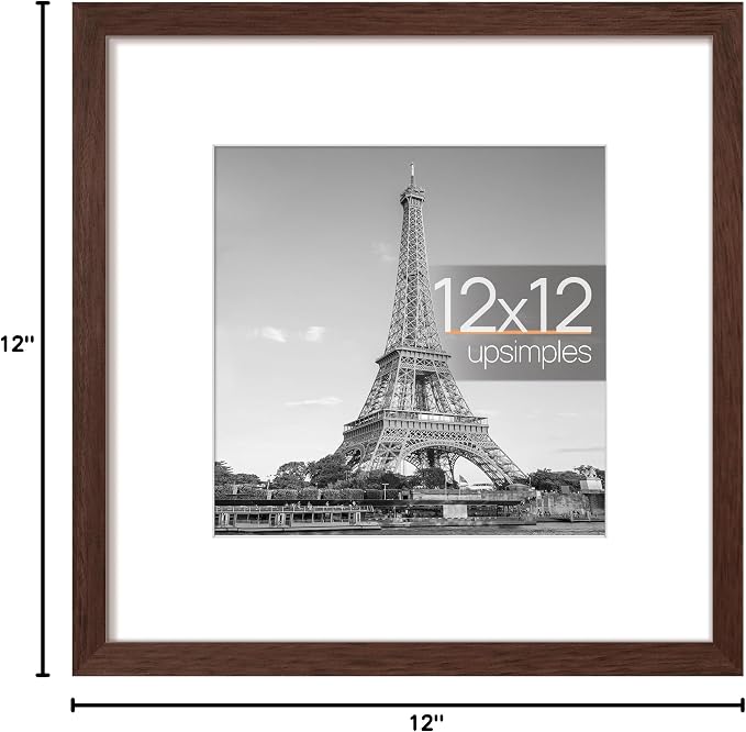 upsimples 12x12 Picture Frame, Display Pictures 8x8 with Mat or 12 x 12 Without, Wall Hanging Square Frames, Brown, 1 Pack