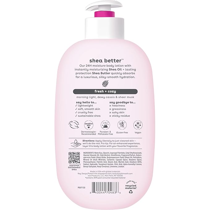 eos Shea Better Body Lotion, Fresh & Cozy, 24-Hour Moisture Skin Care, Lightweight & Non-Greasy, Natural Shea, Vegan, 16 fl oz