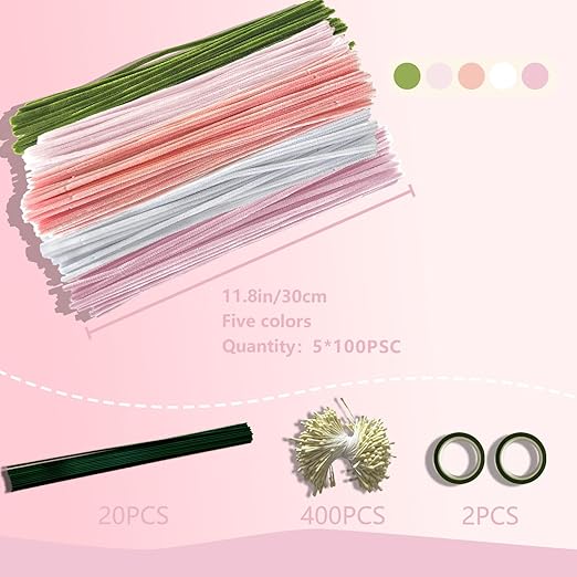 922 Pcs Pipe Cleaners Craft for Flowers, 5 Assorted Colors Pipe Cleaners Bulk for Arts and Crafts Supplies, Pastel Chenille Stems for DIY Art Making Kits, Bulk Fuzzy Gardening Tape Ribbon