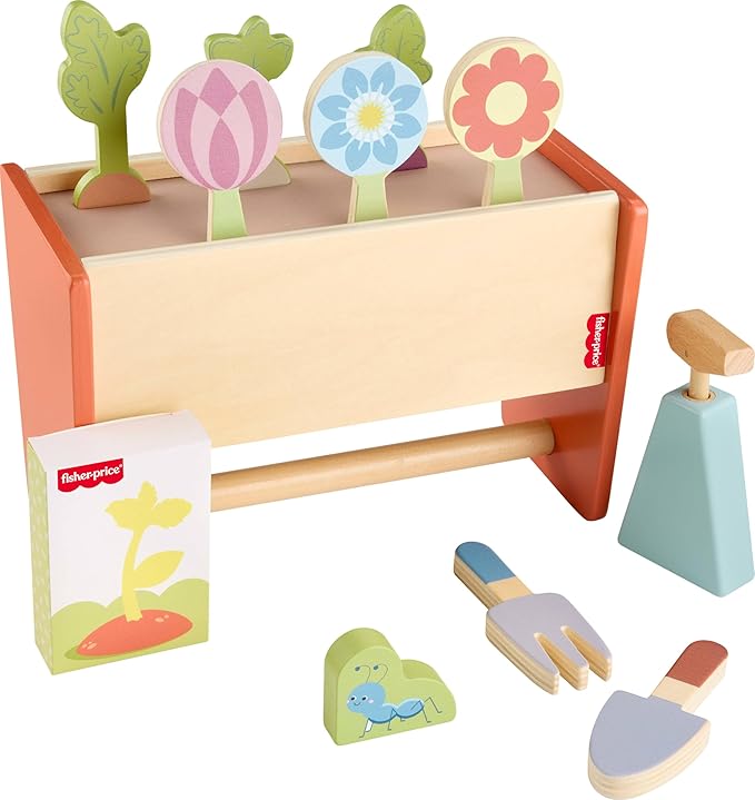Fisher-Price Wood Pretend Play Toy Tiny Garden Caddy, 12-Piece Set with Wooden Tools & Plants for Preschool Kids Ages 3+ Years