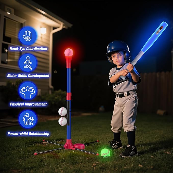 HYES 3-in-1 LED Baseball Set for Kids 3-5 - Tee Ball Stand, Hanging Tee, Ball Launcher and 4 Softballs - Adjustable Height, Indoor/Outdoor Sport Gifts for Boys Girls, Blue