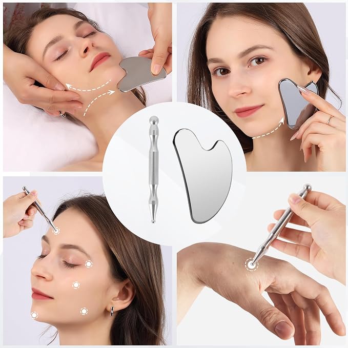 Stainless Steel Gua Sha & Acupuncture Pen, Trigger Point Massager Tool | suits daily home facial care, supports scraping and acupoint massage to ease facial tightness for women and mothers