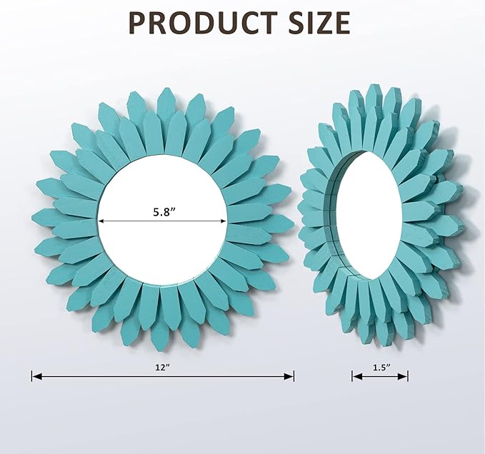 Beach Wall Decor Mirror 12 inch Wood Coastal Wall Decor Sunburst Boho Home Decor Room Decor for Bedroom Living Room Bathroom Cyan