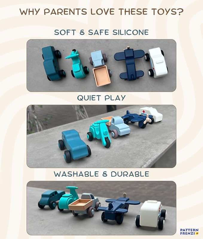 Silicone Toy Cars for Kids Ages 3+ – Soft, Safe Non-Toxic Silicone Cars with Smooth Rolling Wheels, Quiet Play 5-Piece Vehicle Set, Food Grade Silicone