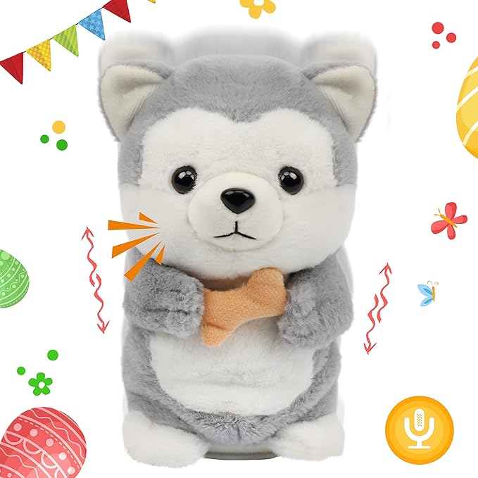 Hopearl Talking Husky Repeats What You Say Dog Nodding Electric Interactive Animated Puppy with Bone Toy Speaking Plush Buddy Gifts for Toddlers, Gray, 6.5''