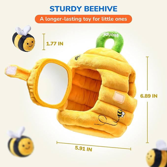 JoyCat Baby Toys 6-12 Months - Soft Baby Beehive with 5 Sensory Bees - Rattle, Crinkle Paper, Squeaker, Mirror, Busy Montessori Soft Toys for Toddlers 0-3 Years Old - Bee Plush Boy Girl Birthday Gift