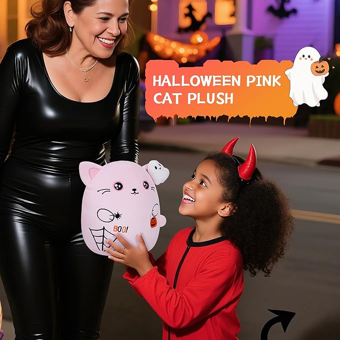 Halloween Spooky Plush Cat Toy – Pink Cat Stuffed Animal Ghost Theme Halloween Party Favors Spider Toy Festive Stuffed Animal Soft Haunted Home Decor 10 Inch