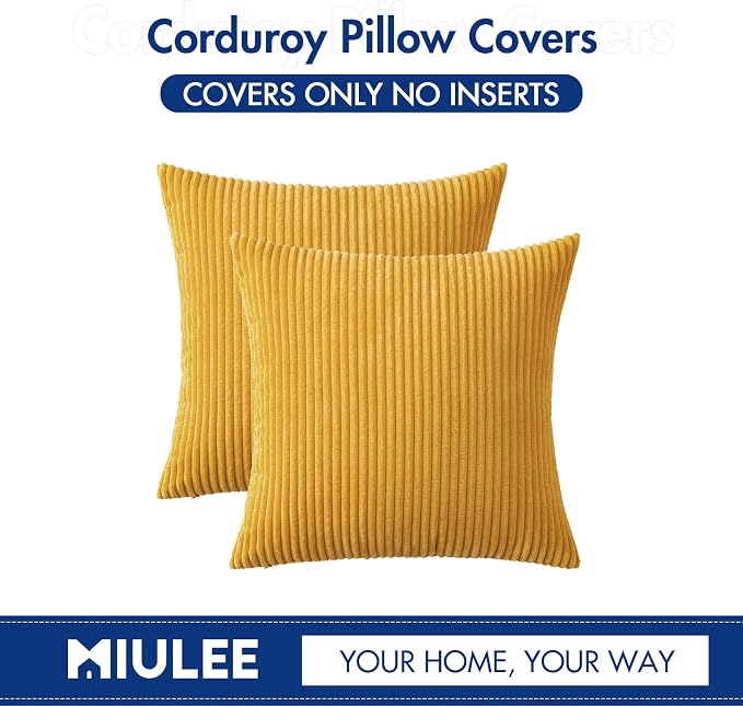 MIULEE Soft Corduroy Throw Pillow Covers Set of 2 12x12 Mustard Yellow | Decorative Striped Textured Cushion Cases, Boho Rustic Square Pillowcases, Home Decor for Couch Chair Sofa Bed Living Room