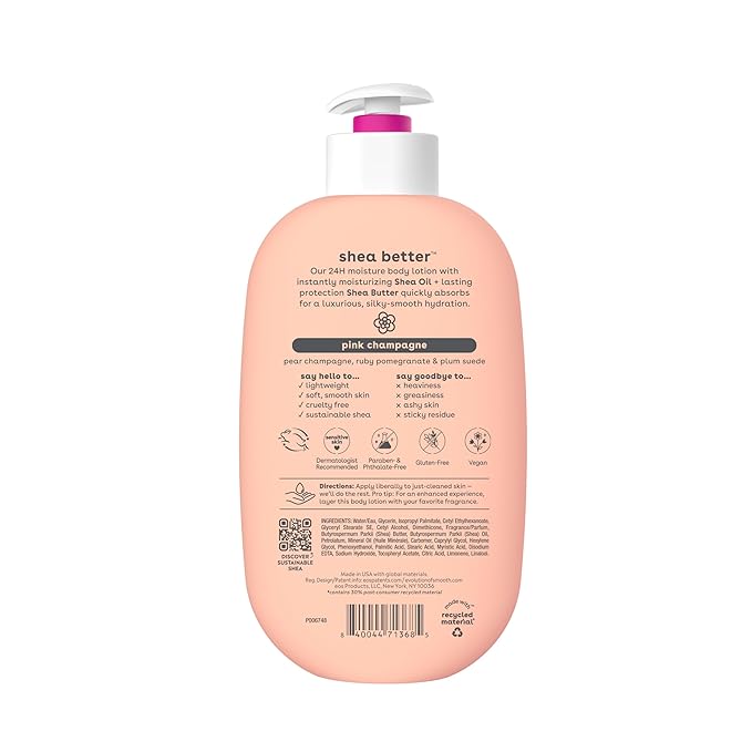 eos Shea Better Body Lotion Pink Champagne, 24-Hour Moisture Skin Care, Lightweight & Non-Greasy, Natural Shea, Vegan, 16 fl oz