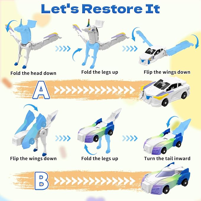 Unicorn Collision Transforming Cars Toy for Girls Boys, 2 Magnetic Cars Transform into Magical Unicorn Collision Transforming Robot Cars Toy Deformation Christmas Birthday Gifts for Kids Blue