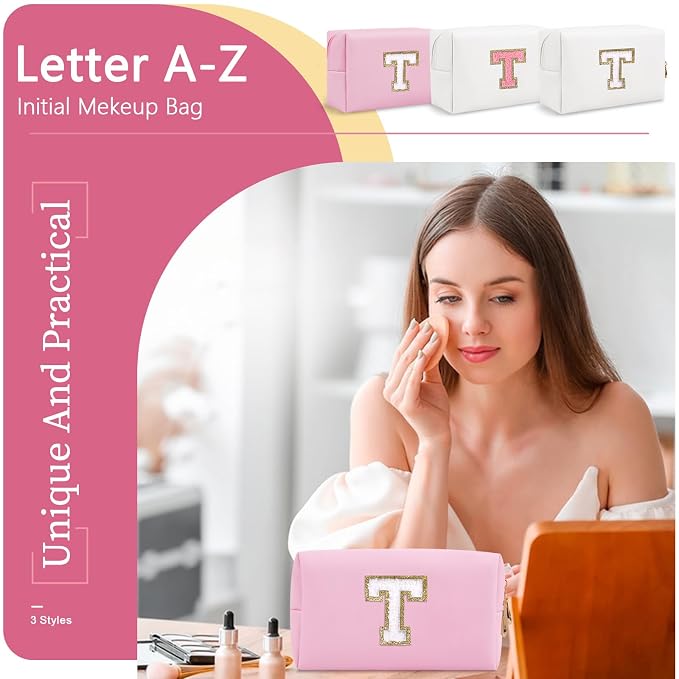 Personalized Initial A-Z Preppy Patch Makeup Bag,Small PU Chenille Letter Cosmetic Bag with Zipper for Teen Girls,Pink Cute Toiletry Organizer Bag,Monogram Makeup Case Gift for Women Girls,Letter T