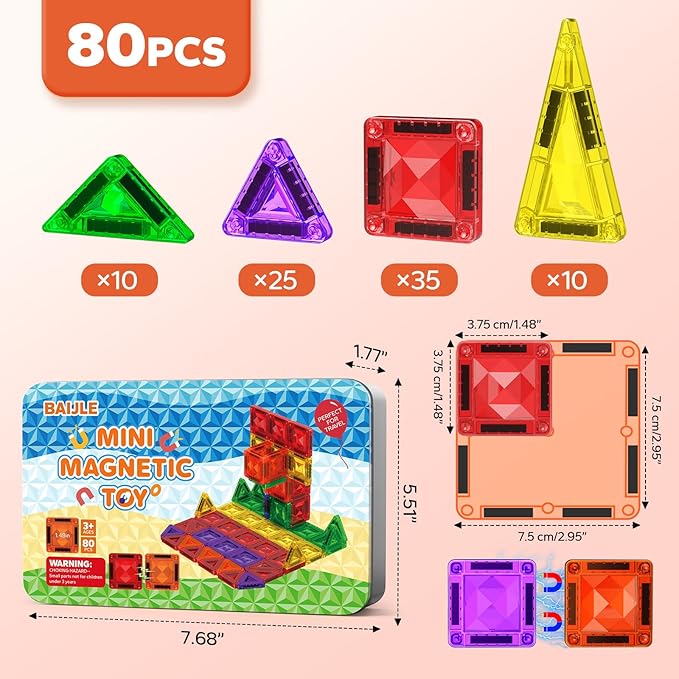 Mini Magnetic Tiles, 80PCS Diamond Pattern Travel Magnetic Tiles Building Set with Case, Construction Toys for Kids 4-8 Portable Classroom Educational Learning Toddler Toys for Boys Girls Gift Ages 3+