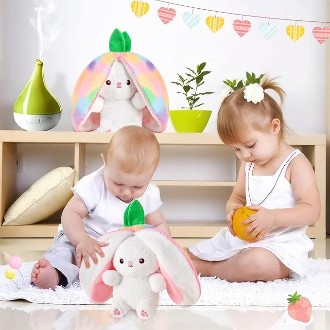 MIAODAM Strawberry Bunny Stuffed Animal, Iridescent & Strawberry Bunny Plush Turn Into Rabbit Fruit Doll, Plushies Funny Bunny Plush Toy for Babies and Kids(7 inch)