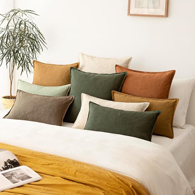 Foindtower Pack of 2, Decorative Linen Solid Throw Pillow Covers Accent Lumbar Cushion Case Boho Farmhouse Pillowcase for Chair Couch Sofa Bedroom Living Room Home Decor 12 x 20 Inch Dark Olive Green