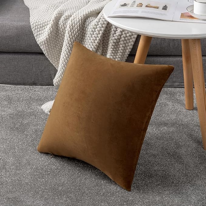 Throw Pillow Covers 20x20 Golden Brown: Pack of 2 Cozy Soft Velvet Square Modern Luxury Decorative Throw Pillow Cases for Sofa Couch Living Room Bed Home Decor