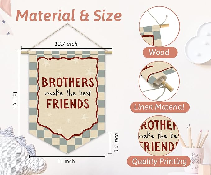 Boys Room Playroom Decor, Brothers Make the Best Friends Bedroom Wall Hanging Pennant Flag Banner, Blue Checkerboard Wall Decor for Nursery Toddler Baby Little Boys Bedroom 15x11 Inch