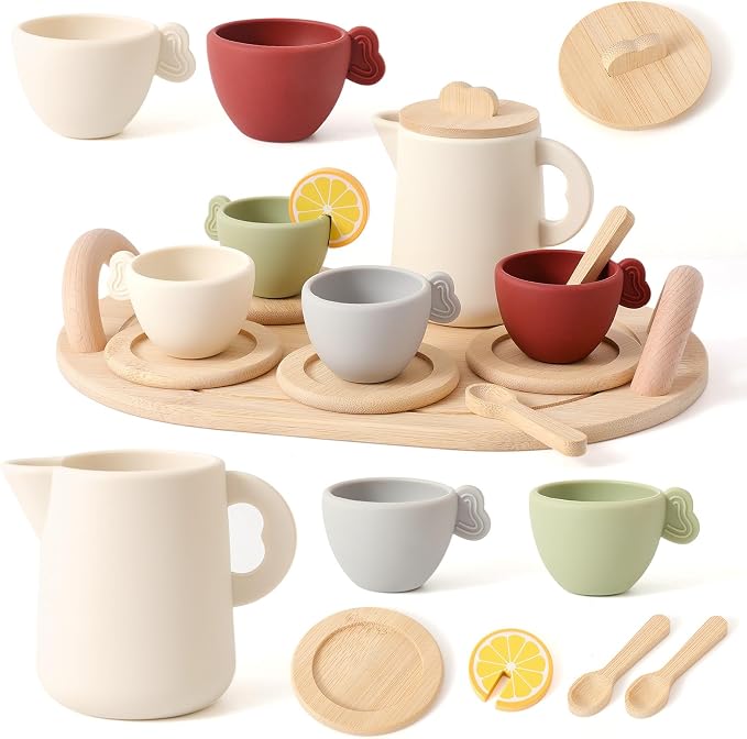 Youuys Wooden Tea Party Set for Toddler 3-5,Kids Tea Sets for Little Girls 4-6, 14pcs Silicone Kitchen Accessories, Pretend Play Montessori Toys with Tray for 3 4 5 6 Year Old Birthday