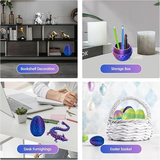 3D Printed Dragon Egg with Articulated Dragon Inside, Fidget Toys for Adults Stress Relief, Unique Home Office Desk Decor Crystal Easter Basket Stuffers (Rainbow)