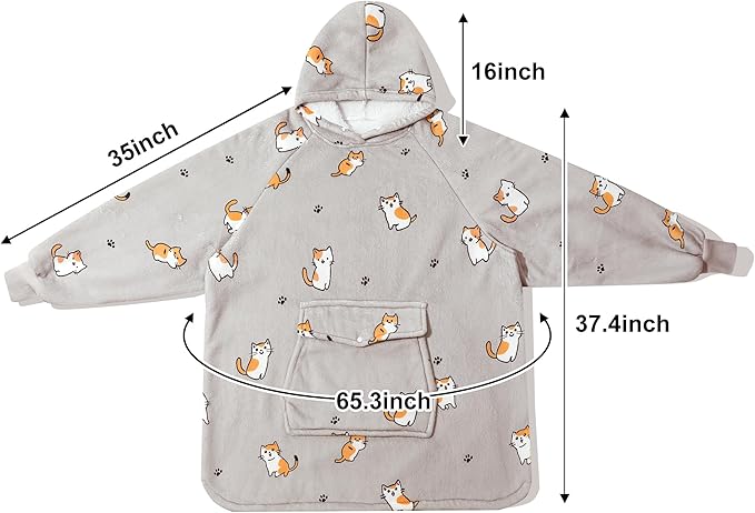Krifey Wearable Blanket Hoodie, Oversized Sherpa Fleece Sweatshirt with Giant Pocket, Birthday Gifts for Women, Mom, Sister, Chill Cat