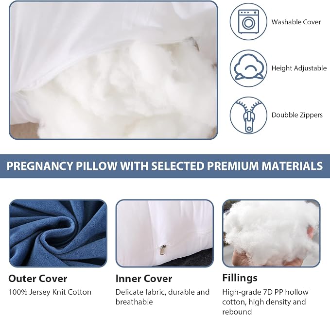 BATTOP Pregnancy Pillows for Sleeping,Body Maternity Pillow with Cooling Washable Cover,Support for Back,Hips,Legs,Belly for Pregnant Women,New Mom Gifts for Women (Dark Blue)