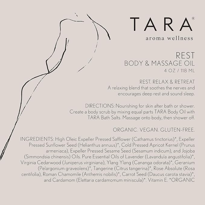 TARA Spa Therapy Rest Body & Massage Oil – Premium Organic Oil for Deep Relaxation & Rest, 100% Pure Essential Oils, Lavender, Chamomile & Sandalwood, 4 oz