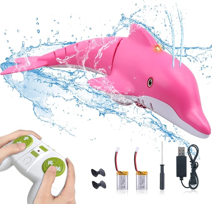 Pink Remote Control Dolphin Toy 2.4G High Simulation Cartoon Dolphin Remote Control for Swimming Pool Bathroom Great Gift RC Boat Shark Toys for 6+ Year Old Boys and Girls (with 2 Batteries)